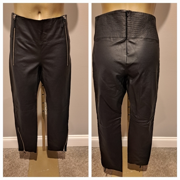 Karl Lagerfeld Black Straight Leg Leather Cargo Pants with Zipper Accents - Picture 2 of 6